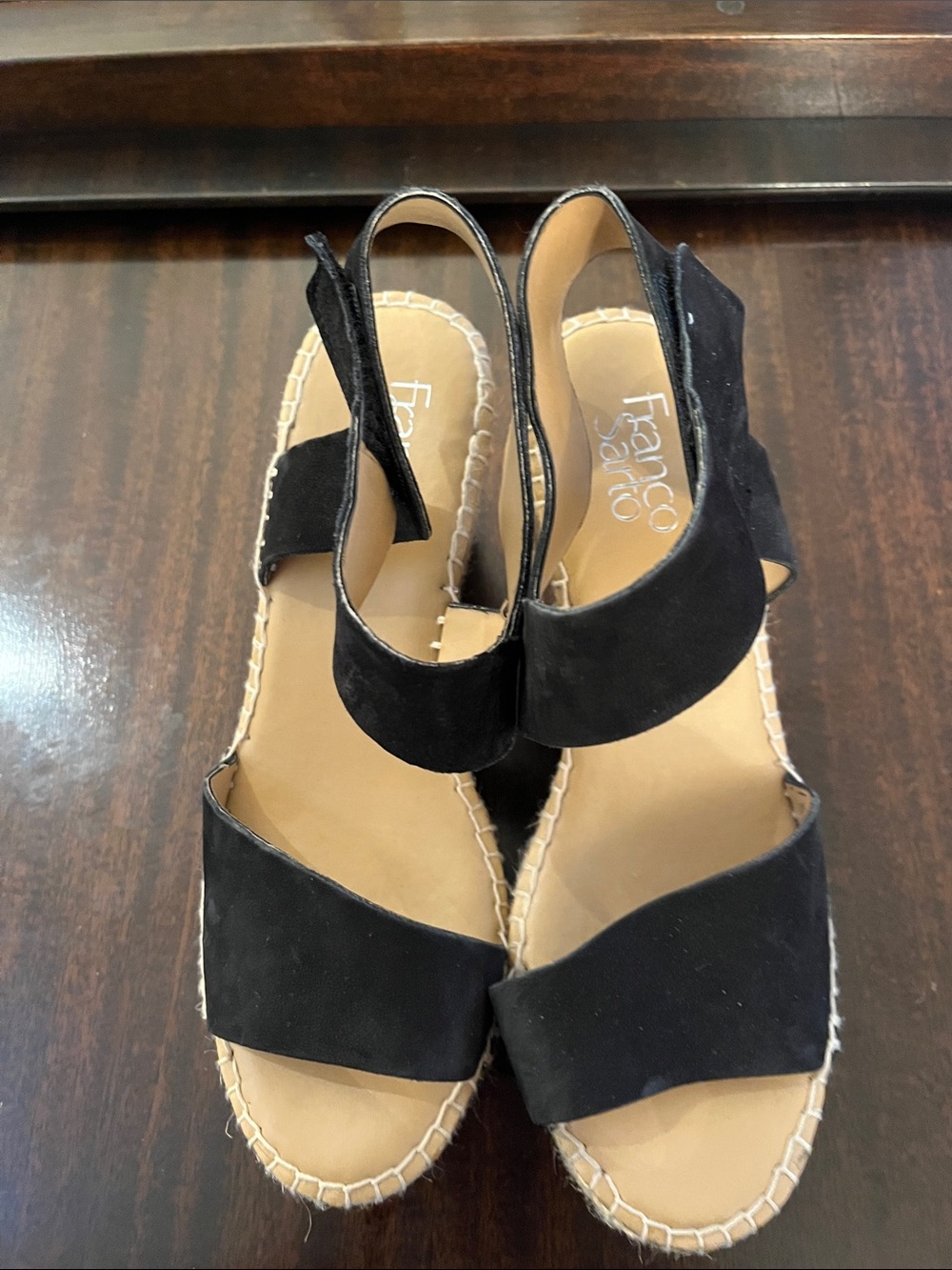 Franco Sarto Black Suede Espadrille Wedges with Ankle Strap